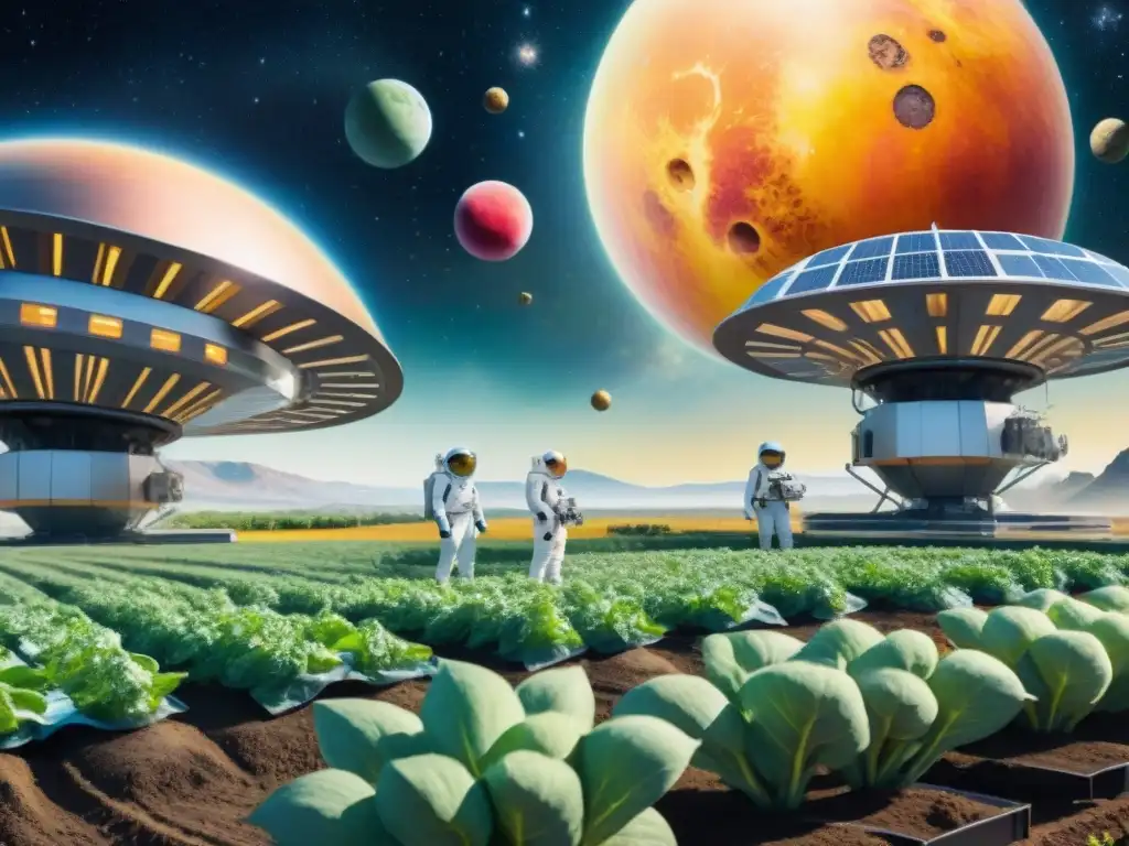 Estación espacial futurista: cosecha en el cosmos Exploración espacial: Astronautas recolectan snacks saludables innovadores extraterrestres en una estación espacial futurista