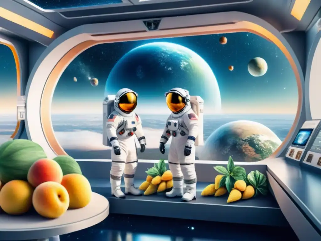 Estación espacial futurista: astronautas disfrutan snacks saludables en el cosmos Exploradores espaciales disfrutan snacks saludables innovadores extraterrestres en estación futurista, ante cosmos estrellado