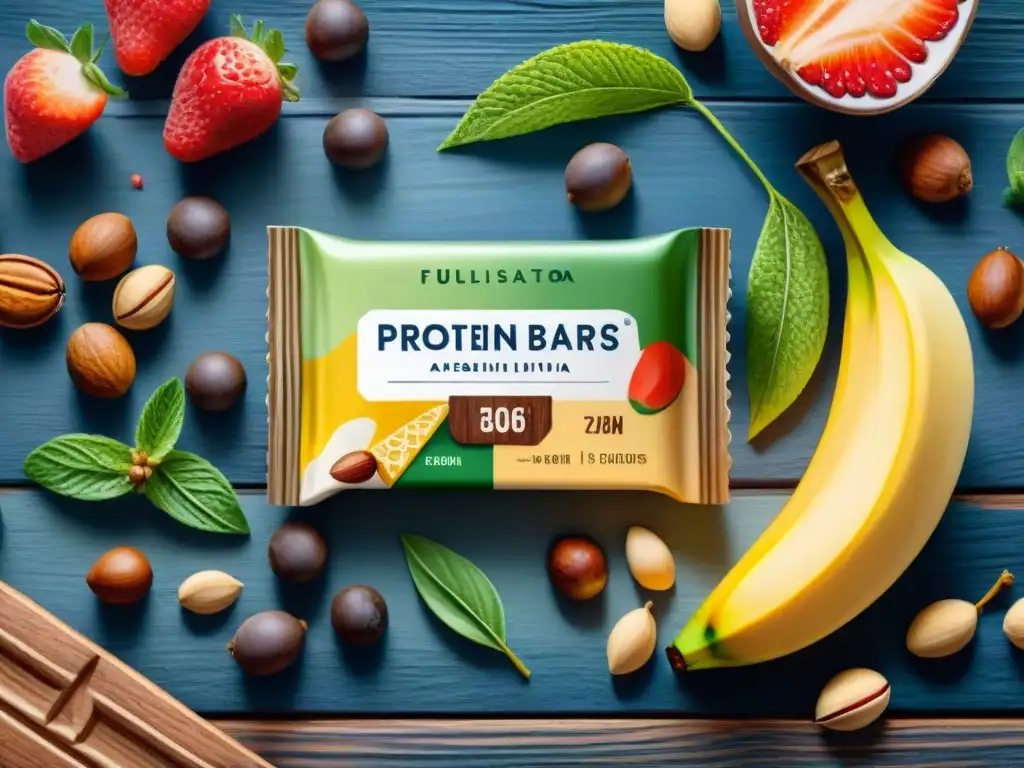 Deliciosas barras de proteínas: detallada ilustración acuarela Una exquisita ilustración en acuarela de barras proteicas saludables rodeadas de frutas frescas y nueces en una mesa de madera