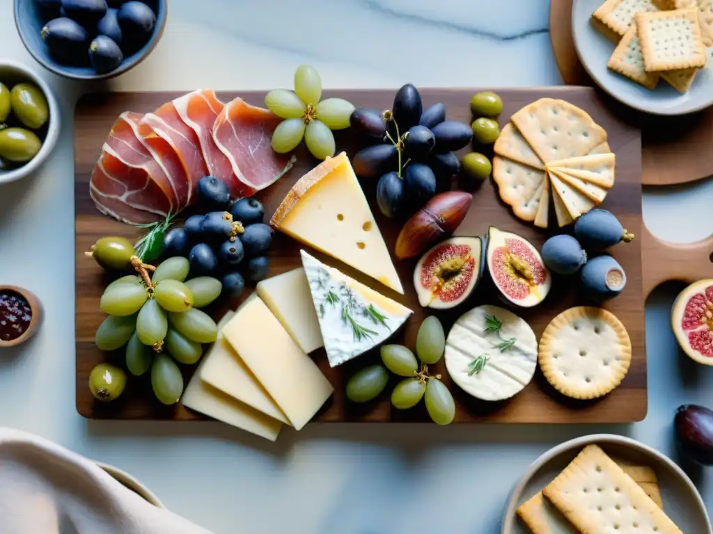 Exquisita tabla de embutidos y quesos en acuarela Una exquisita acuarela de una elegante tabla de embutidos con snacks saludables importados deliciosos