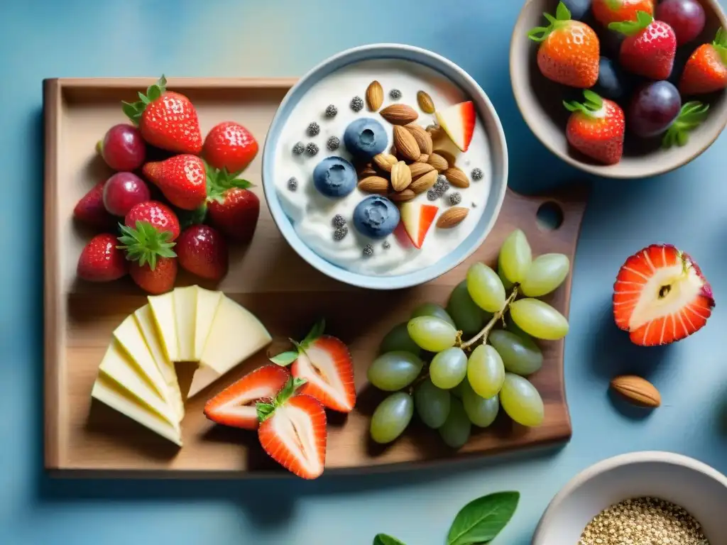Bodegón saludable: snacks variados en acuarela Una exquisita ilustración de acuarela de snacks saludables con frutos secos en una tabla de cortar de madera