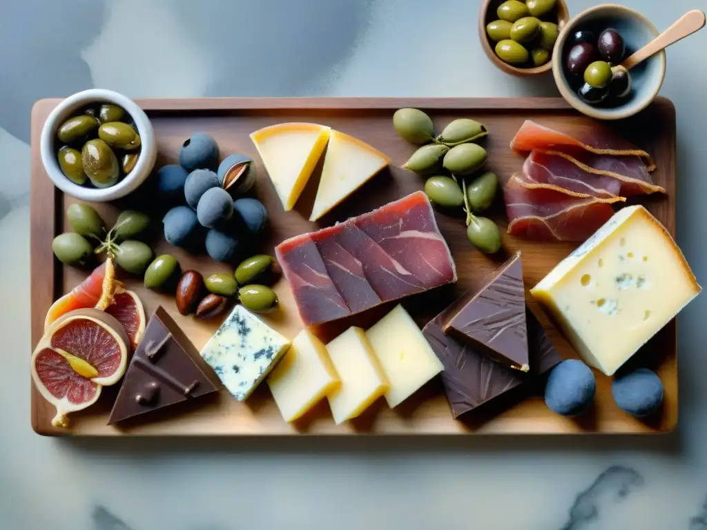 Exquisita selección de gourmet: chocolate, prosciutto, queso y más Una exquisita ilustración en acuarela de snacks saludables importados gourmet en una tabla de embutidos de madera