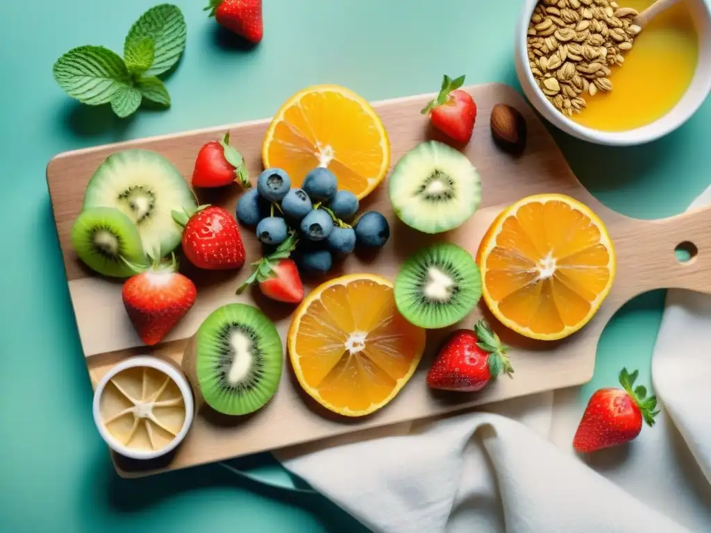 Bodegón de snacks saludables: frutas, frutos secos y granola en acuarela Una exquisita ilustración en acuarela de un vibrante surtido de snacks saludables en una tabla de cortar de madera