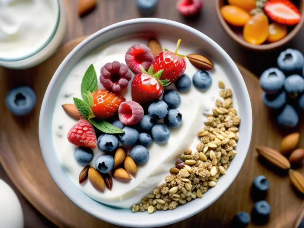Bol de yogurt vegano con superalimentos Una exquisita composición de frutas, nueces y semillas alrededor de un bol de yogurt vegano, decorado con superfoods