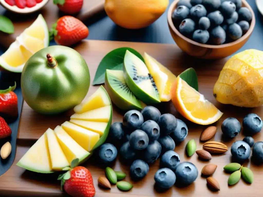 Bodegón de Frutas y Frutos Secos: Detalle Acuarela Una exquisita ilustración de frutas y frutos secos frescos y coloridos, ideal como snacks saludables para deportistas