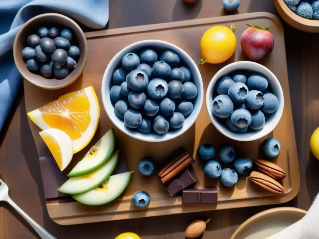 Bodegón de snacks antioxidantes en acuarela detallada Una exquisita ilustración detallada en acuarela de una variedad vibrante de snacks ricos en antioxidantes como arándanos, chocolate negro, frutos secos y frutas coloridas dispuestos artísticamente en una tabla de cortar de madera