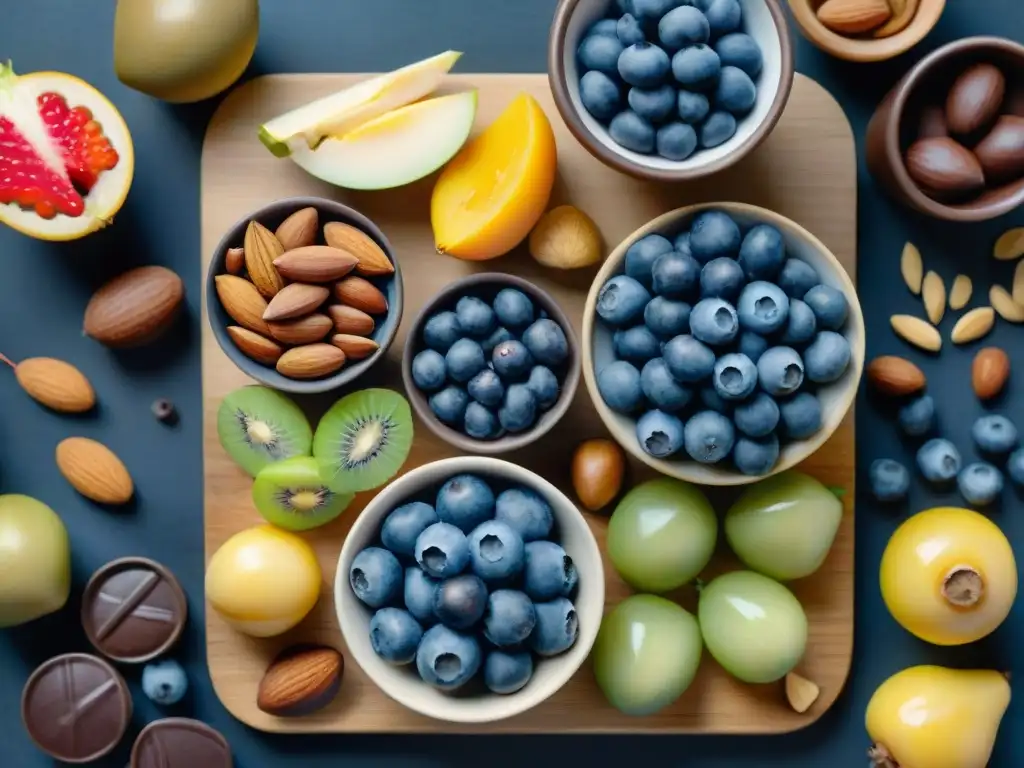 Bodegón de frutas y frutos secos antioxidantes Una exquisita ilustración detallada en acuarela de frutas y frutos secos antioxidantes, resaltando los beneficios antioxidantes en snacks saludables
