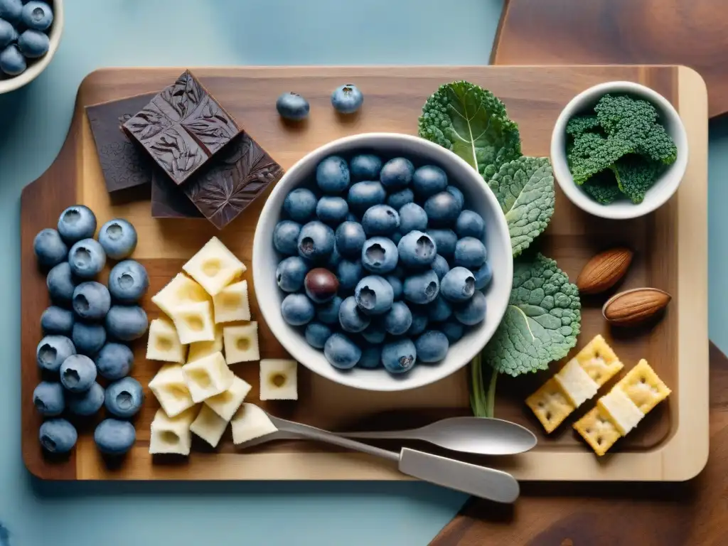 Deliciosos superalimentos en acuarela detallada Una exquisita ilustración detallada en acuarela que muestra una variedad vibrante de snacks saludables con superalimentos antioxidantes como arándanos, chocolate negro, frutos secos y chips de kale, dispuestos con arte en una tabla de cortar de madera