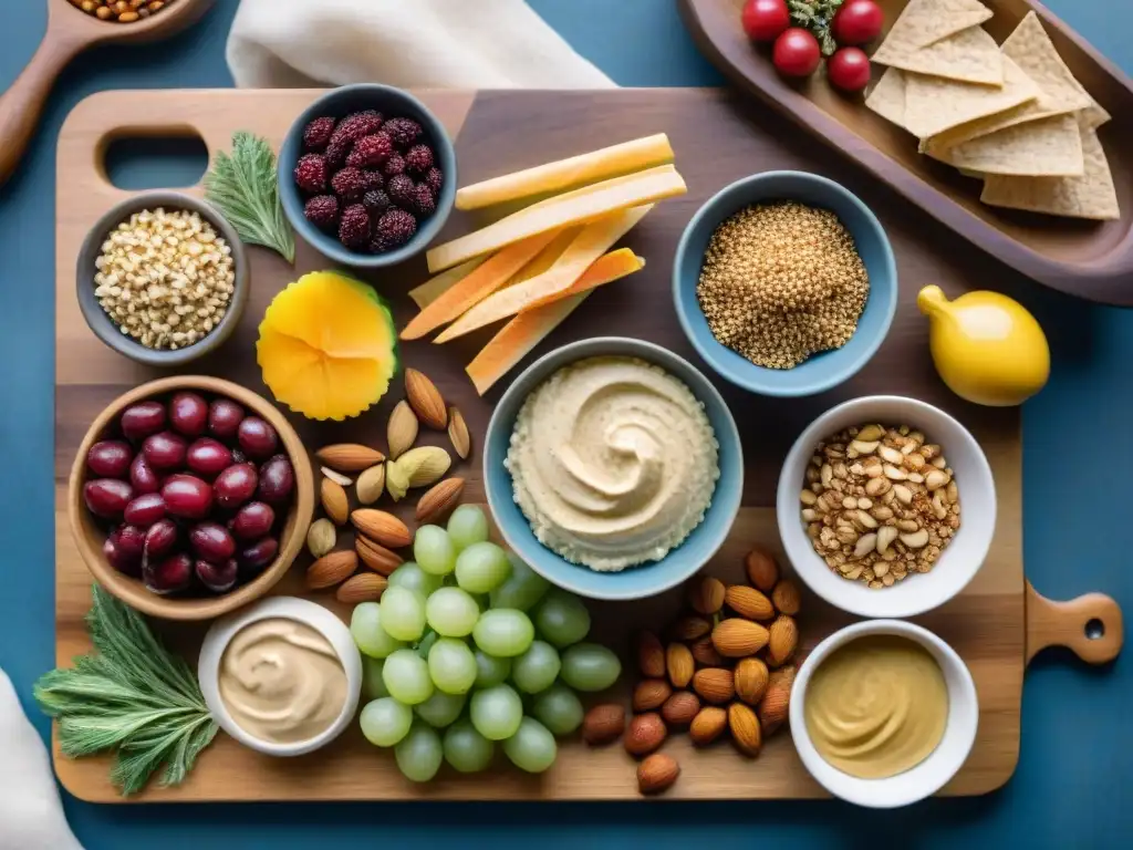 Bodegón saludable: snacks sin gluten detallados en acuarela Una exquisita ilustración detallada en acuarela de una variedad vibrante de snacks saludables sin gluten dispuestos en una tabla de cortar de madera