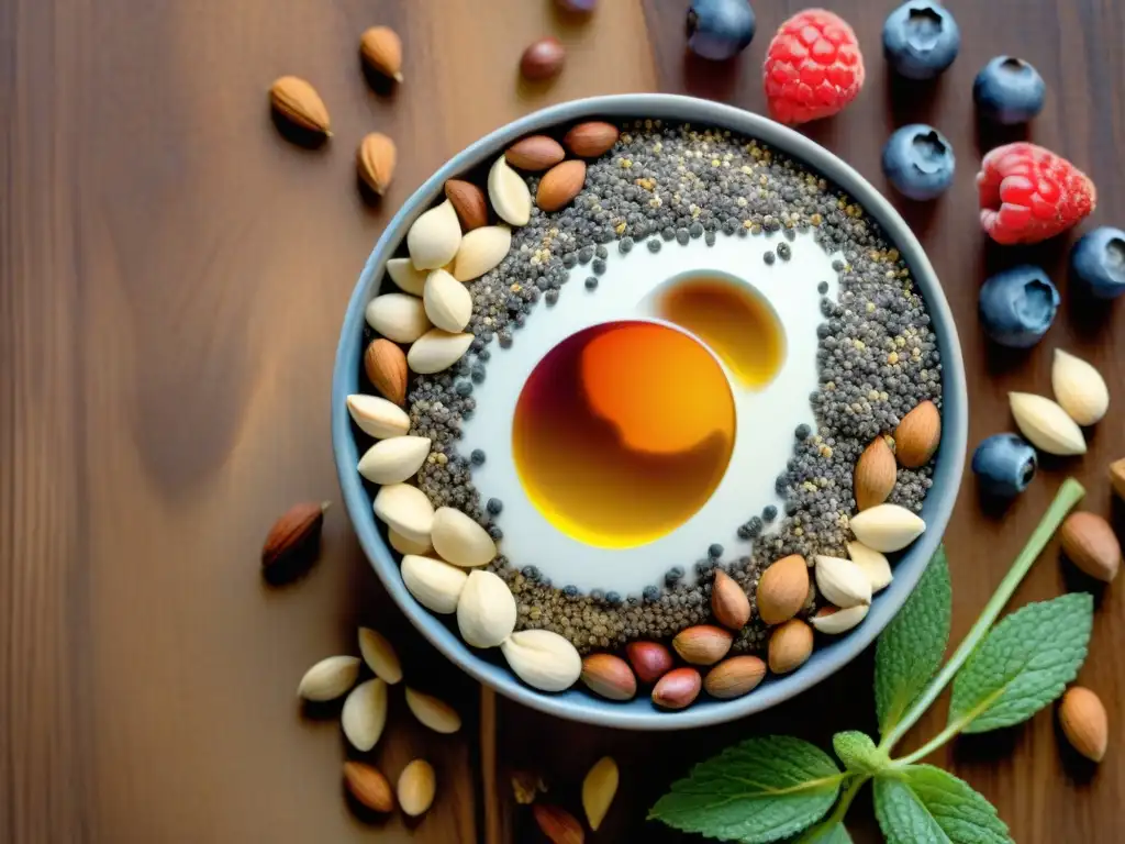 Armonía fresca: Chia, frutos rojos y nueces en acuarela Una exquisita ilustración detallada en acuarela de chía, frutos rojos y frutos secos sobre una mesa de madera