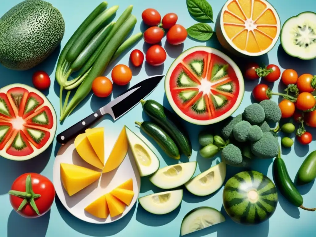 Deliciosas frutas y verduras cortadas con precisión en acuarela detallada Una exquisita ilustración detallada en acuarela de frutas y verduras frescas cortadas y dispuestas artísticamente