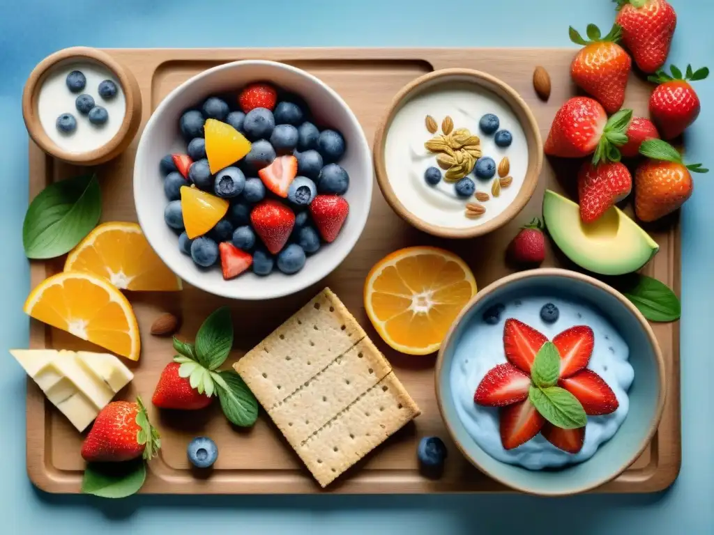 Bodegón saludable: snacks coloridos y apetitosos en acuarela detallada Una exquisita ilustración detallada en acuarela de snacks saludables, prevención diabetes tipo 2