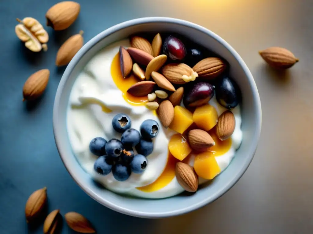 Deliciosa mezcla: yogur griego con frutos secos y miel Una exquisita mezcla de yogur griego con frutos secos y frutas deshidratadas, resaltando los beneficios de snacks saludables turcos