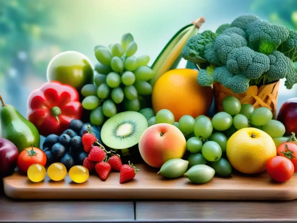 Bodegón de frutas y verduras frescas en acuarela Una exquisita pintura acuarela de frutas y verduras frescas y coloridas sobre tabla de cortar, con gotas de agua brillando en su superficie