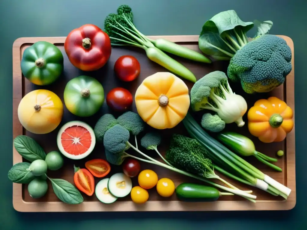 Bodegón de frutas y verduras frescas: acuarela detallada y vibrante Una exquisita pintura en acuarela de frutas y verduras orgánicas, destacando la frescura y la belleza natural