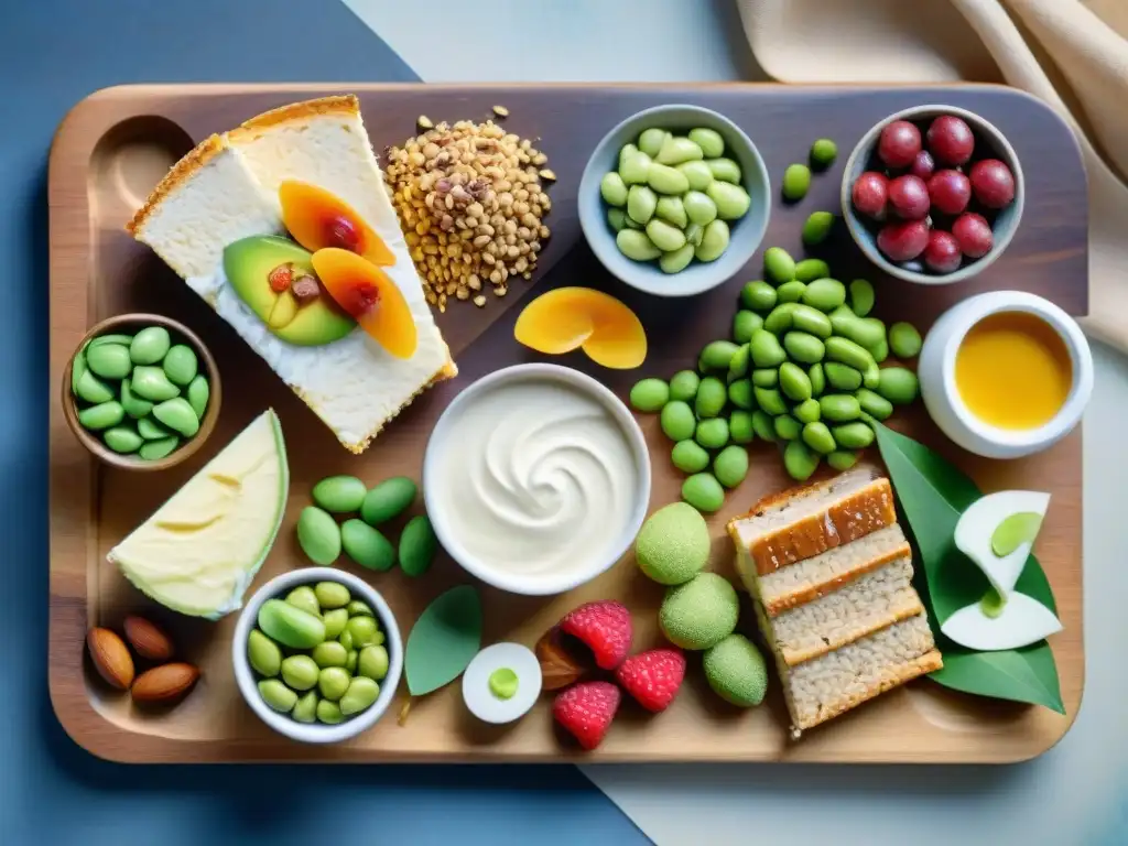 Bodegón gourmet proteico: arte acuarela de snacks saludables Una exquisita pintura detallada en acuarela de snacks saludables proteínas gourmet en un tablero rústico