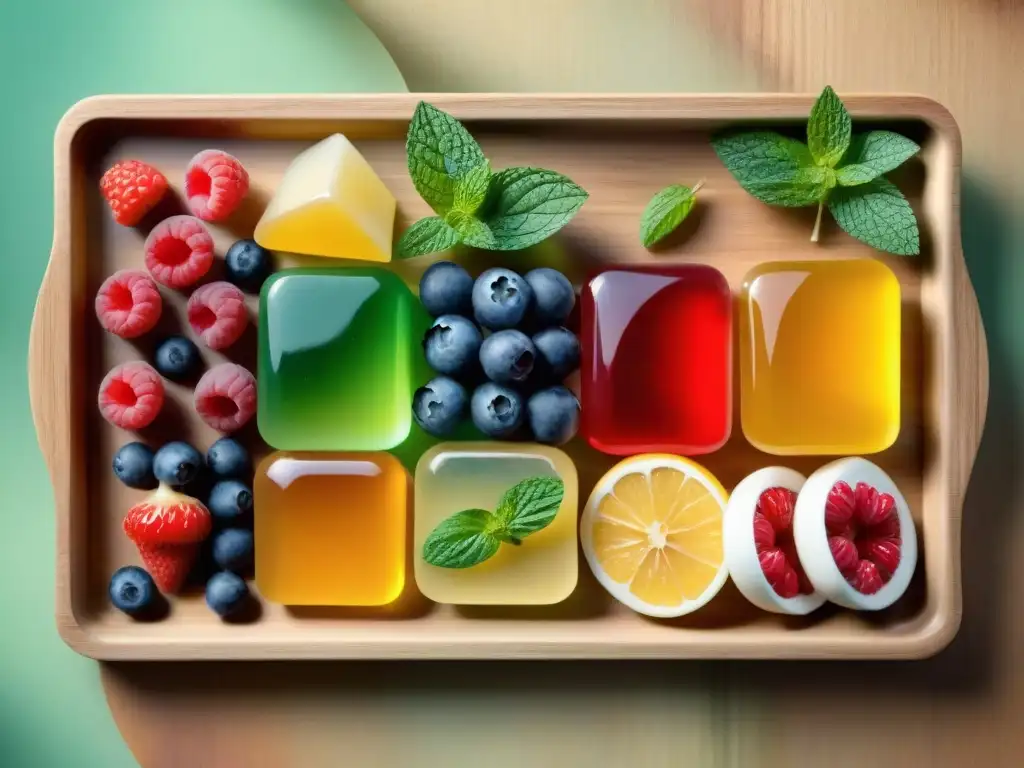 Deliciosas gelatinas bajas en carbohidratos: colores vibrantes y frescura en cada bocado Una exquisita presentación de gelatinas bajas en carbohidratos con frutas y menta fresca en bandeja de madera