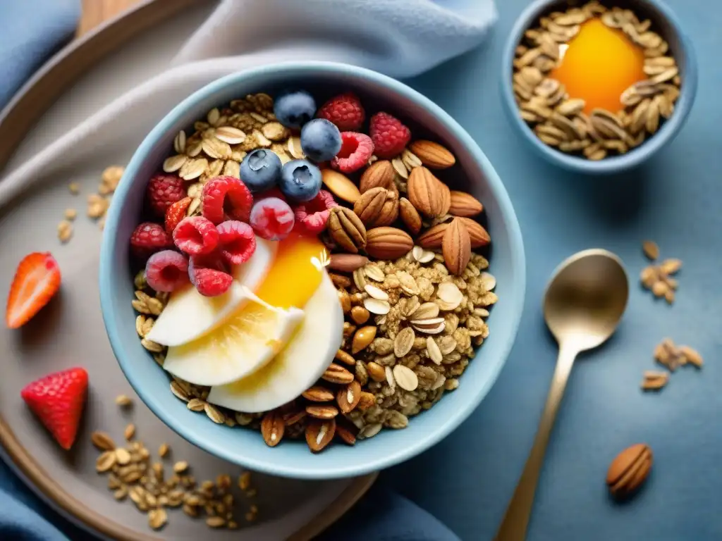 Deliciosa granola casera con superalimentos Una exquisita receta de granola casera con superfoods saludables, bañada en miel y rodeada de frutas frescas