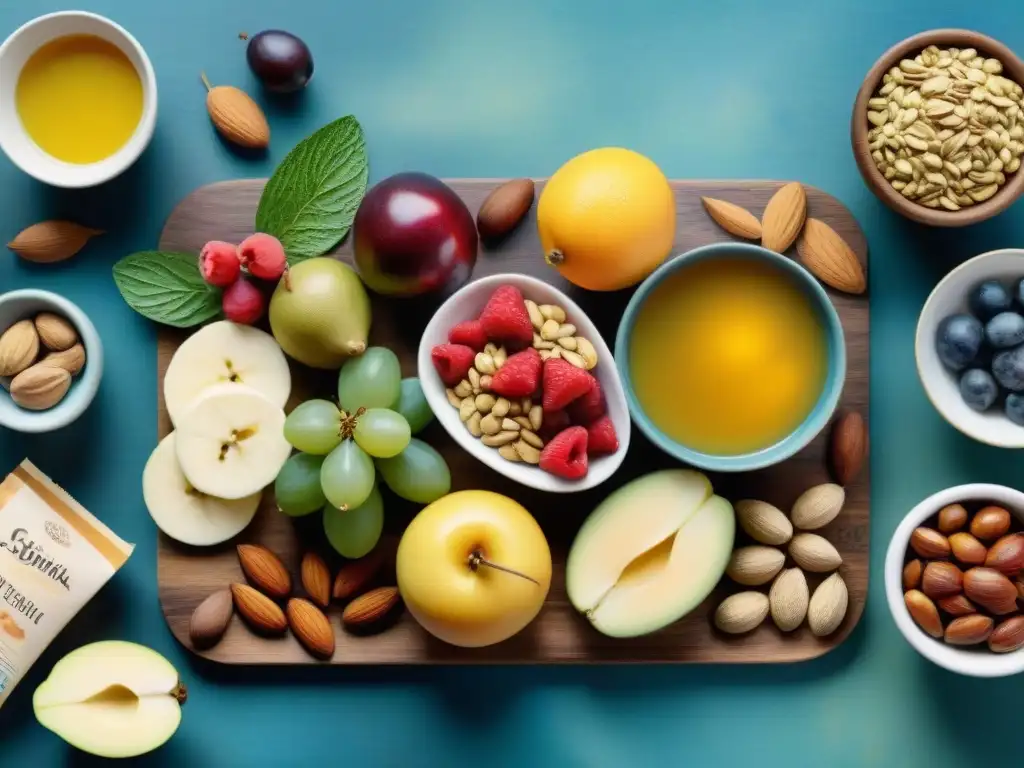 Bodegón de snacks orgánicos y fermentados: ilustración acuarela detallada Una exquisita ilustración acuarela de snacks saludables orgánicos y fermentados dispuestos con elegancia en una mesa rústica