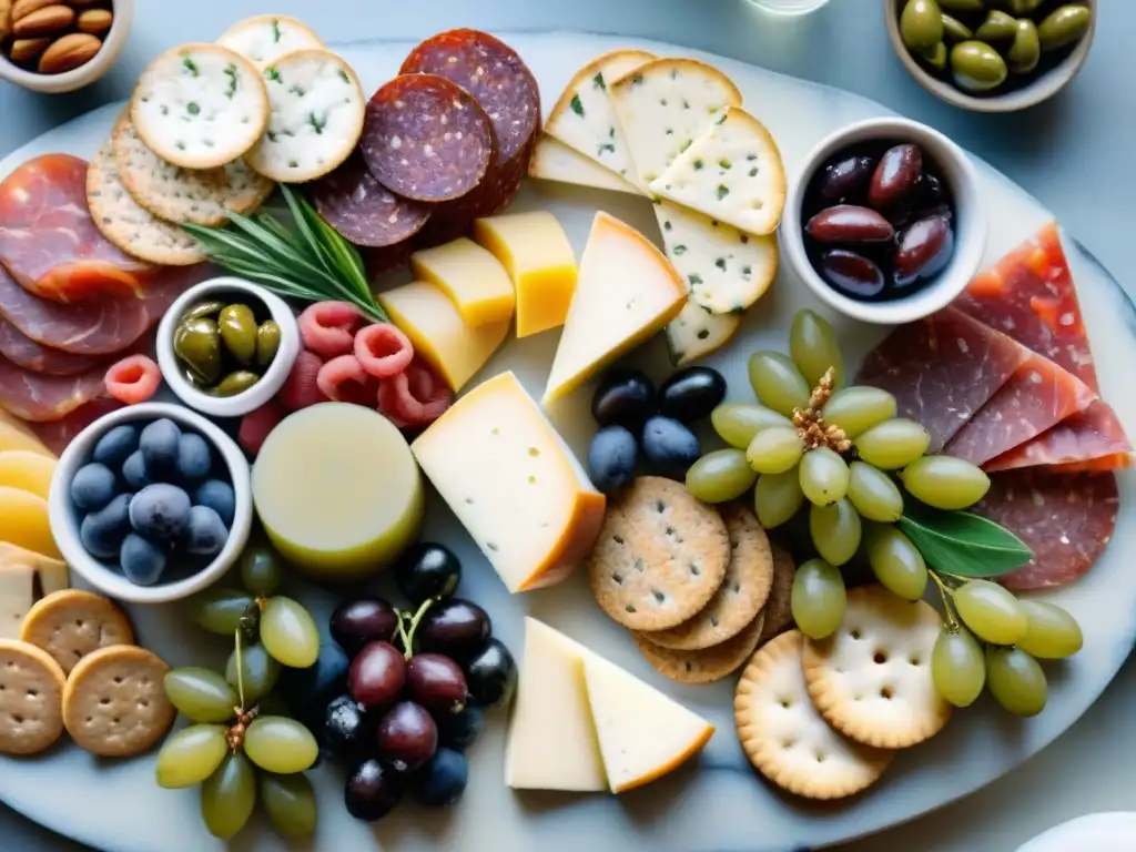 Exquisita tabla de embutidos: acuarela detallada de lujo Una exquisita tabla de charcutería con snacks saludables importados gourmet, elegante y vibrante