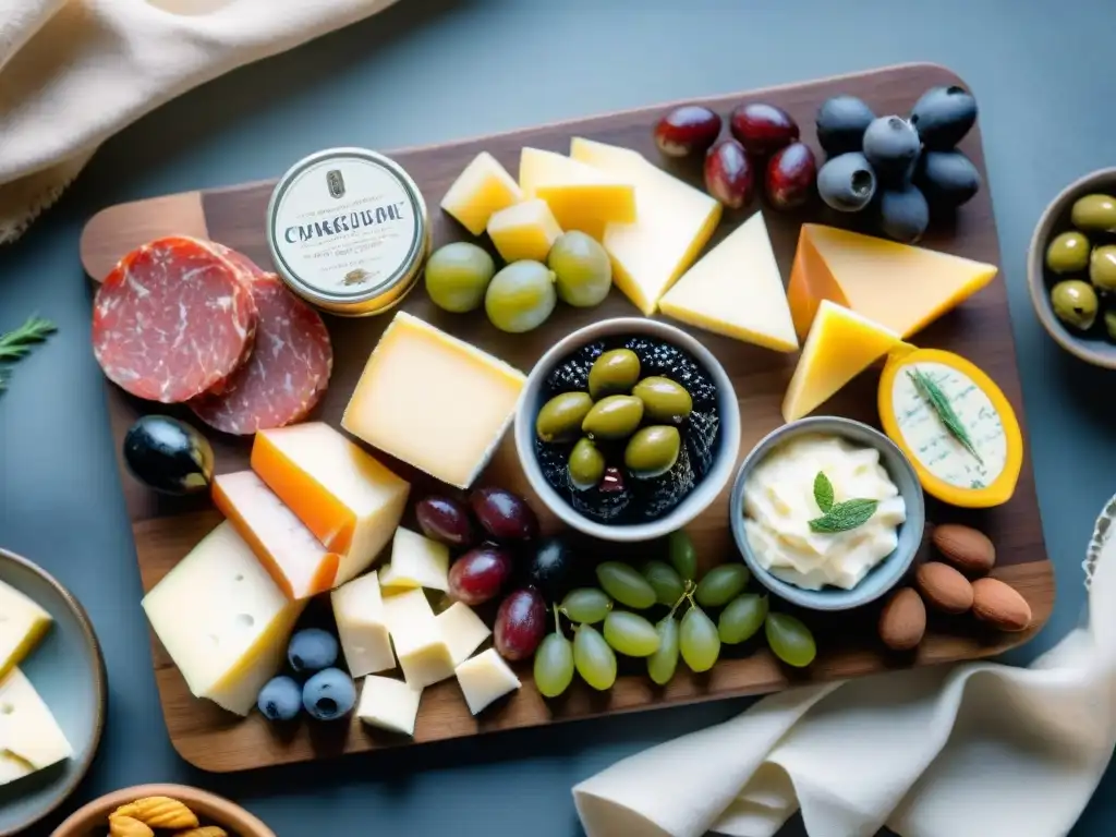 Exquisita tabla de embutidos y quesos premium en acuarela Una exquisita tabla de charcutería con snacks saludables importados deliciosos, una combinación de lujo y sabor