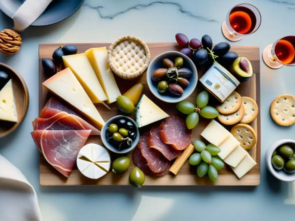 Tablero de charcutería gourmet con exquisiteces importadas Una exquisita tabla de embutidos elegante con snacks saludables importados deliciosos