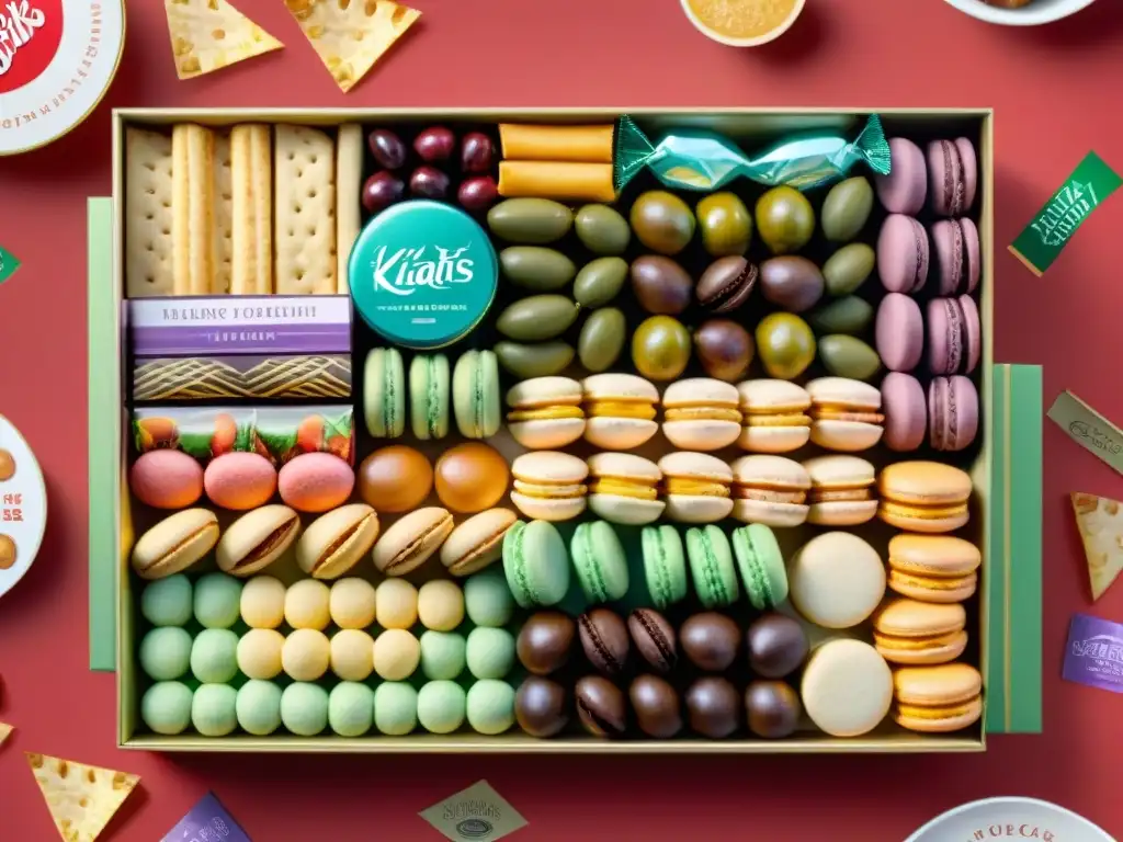 Bodegón de lujo: tentaciones exóticas del mundo en acuarela Una exquisita variedad de snacks saludables exóticos importados, con sabores únicos y coloridas presentaciones de todo el mundo
