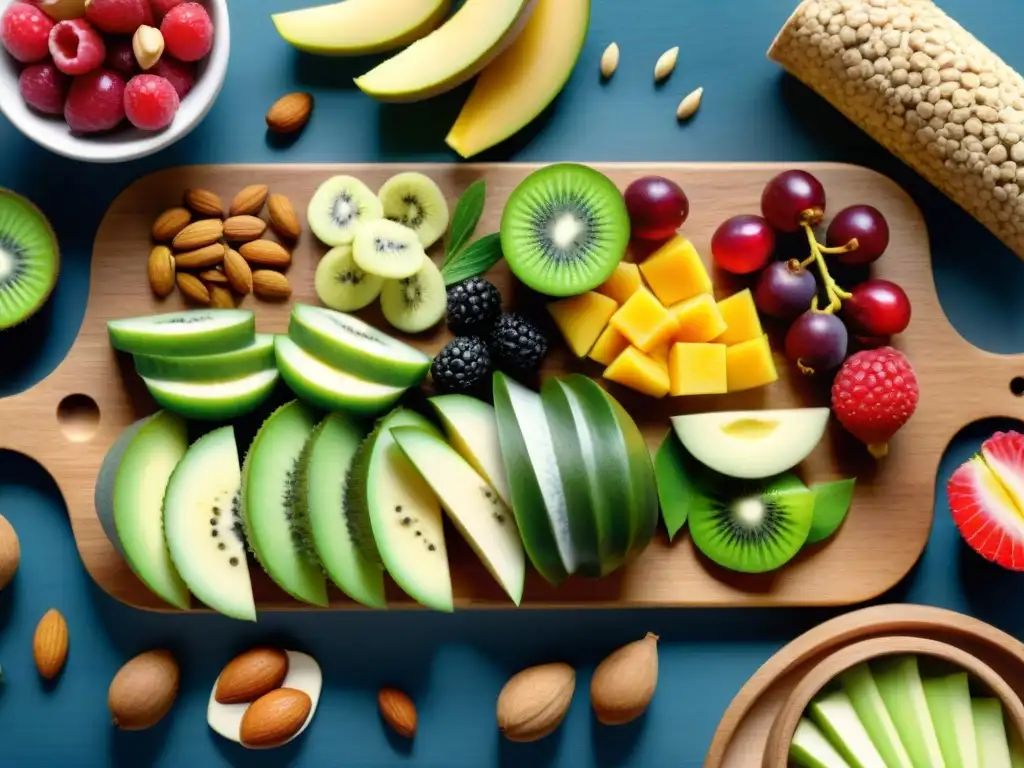 Deliciosa paleta de superalimentos sin gluten en acuarela Una exquisita variedad de snacks saludables sin gluten en una tabla de madera: frutas coloridas y frutos secos