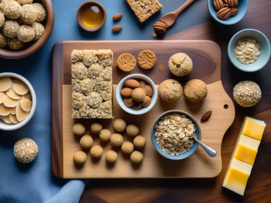 Deliciosos snacks de avena: ilustración acuarela detallada Una exquisita variedad de snacks saludables de avena en una tabla de madera