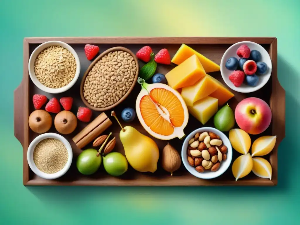 Una exquisita variedad de snacks saludables halal kosher, certificados y frescos, dispuestos en una bandeja de madera con elegancia y detalle