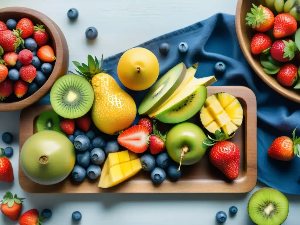 Deliciosa y colorida fuente de frutas frescas en acuarela Un exquisito bodegón de frutas frescas y coloridas en tabla de madera