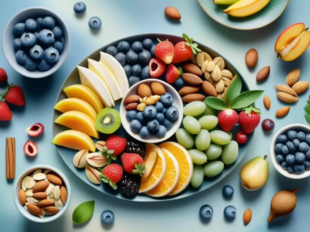 Delicias saludables de celebridades en 2021: ilustración acuarela ultra detallada Un exquisito bodegón de snacks saludables favoritos por celebridades en 2021, con frutas vibrantes y frutos secos sobre una bandeja de mármol