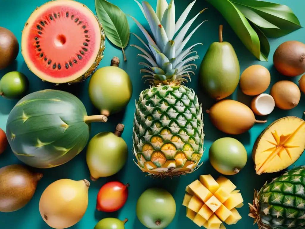 Exótica explosión de frutas y vegetales caribeños en acuarela Un exquisito collage de frutas y vegetales tropicales, detallado y colorido