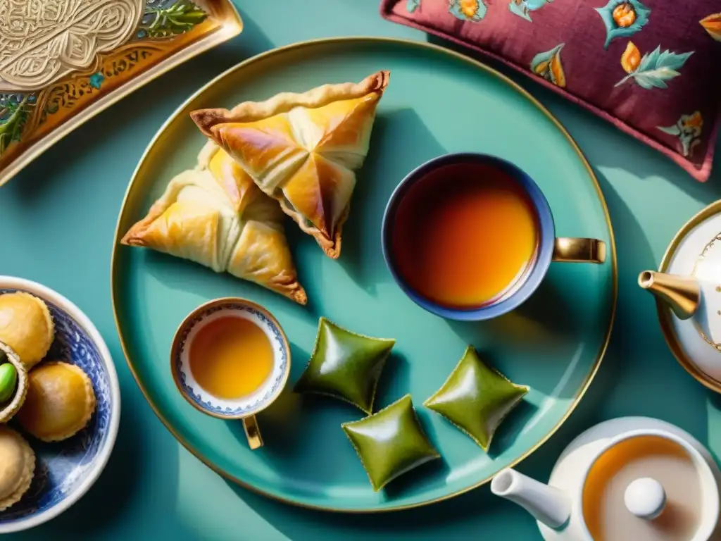Exquisita escena de té y snacks del Medio Oriente Un exquisito conjunto de té tradicional del Medio Oriente rodeado de snacks saludables Oriente Medio en un ambiente acogedor y cálido