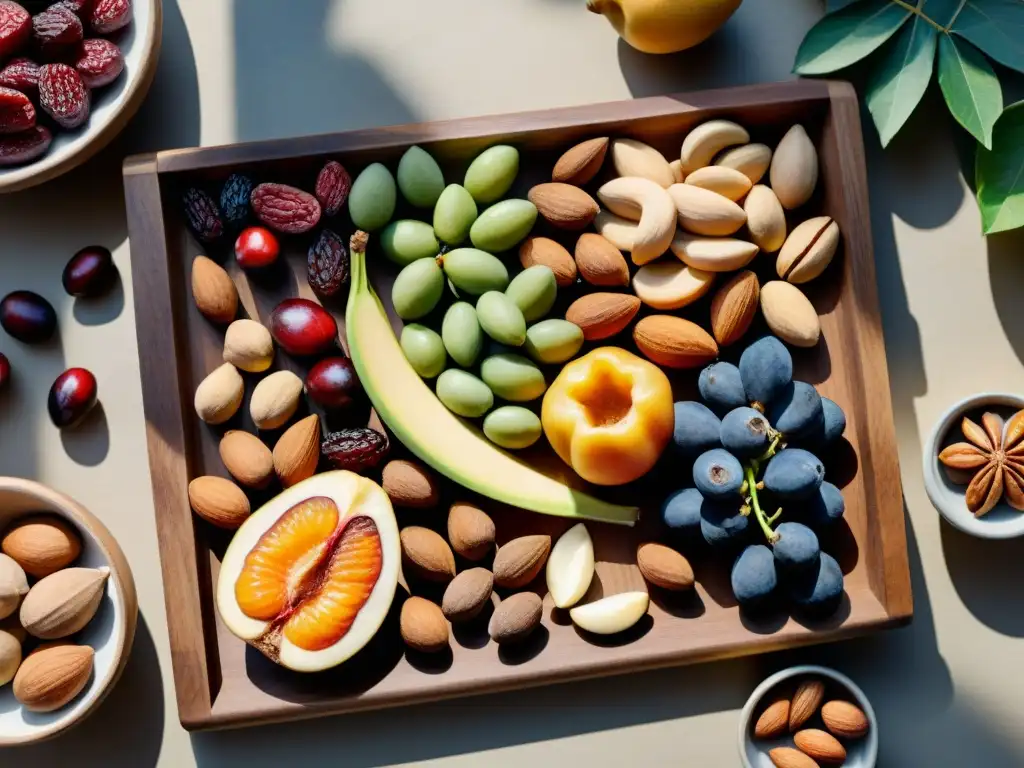 Diseño detallado de frutos secos y frutas deshidratadas en acuarela Un exquisito cuadro detallado de acuarela con frutos secos orgánicos saludables snacks en un tablero de madera rústico