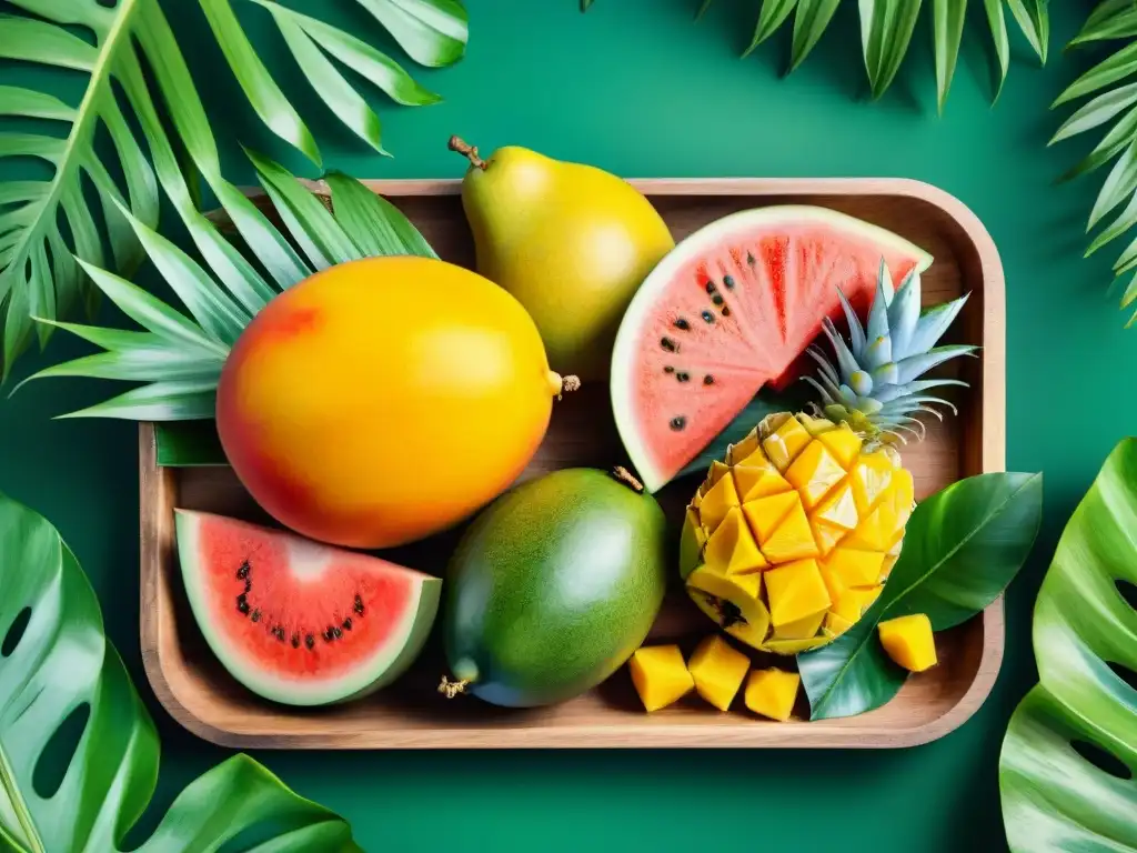 Plato tropical de frutas frescas: mango, piña, sandía y papaya Un exquisito plato de frutas tropicales frescas en acuarela