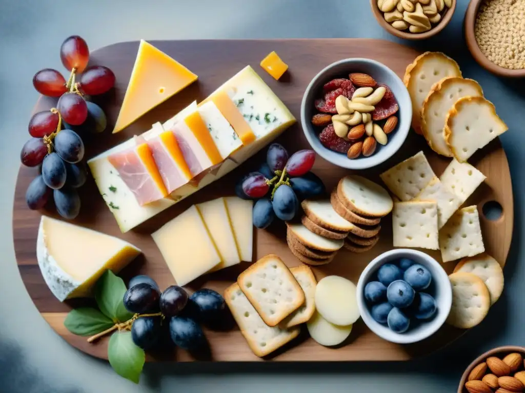 Exquisita tabla de embutidos y gourmet: acuarela detallada Un exquisito tablero de charcutería con snacks saludables proteínas gourmet
