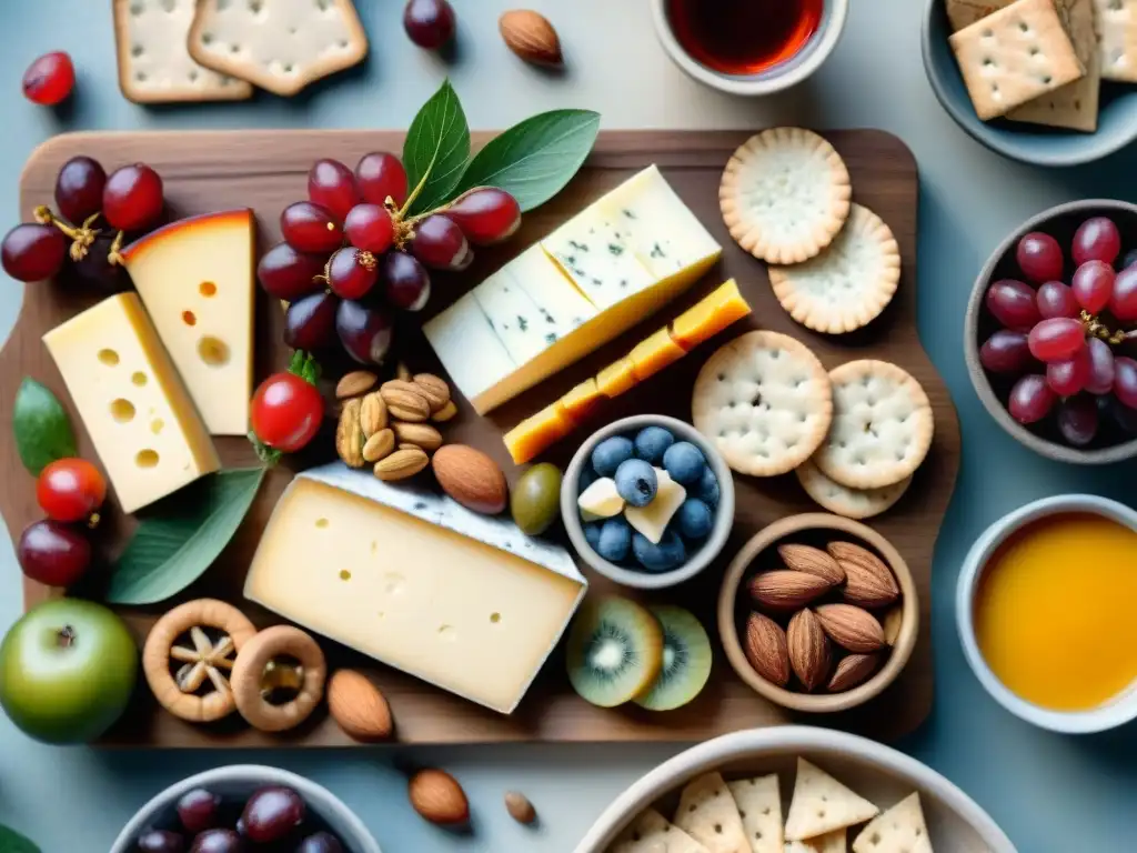 Tablero de charcutería de lujo: exquisitez gourmet en acuarela Un exquisito tablero de embutidos rebosante de snacks saludables exóticos importados, una verdadera indulgencia para la vista