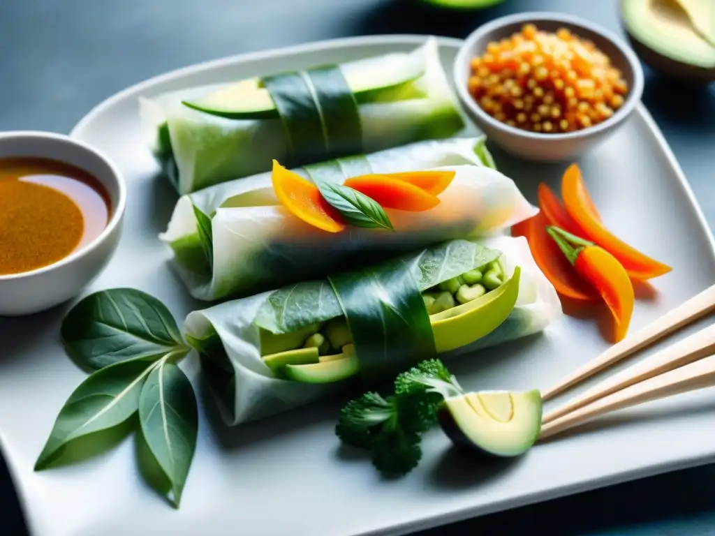 Deliciosos rollos de primavera rellenos de vegetales vibrantes en acuarela Exquisitos rollitos de verduras saludables en acuarela detallada