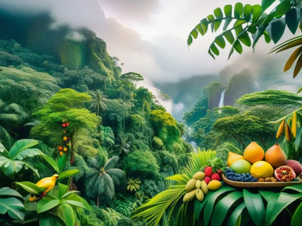 Un exuberante bosque tropical con aves coloridas y frutas exóticas