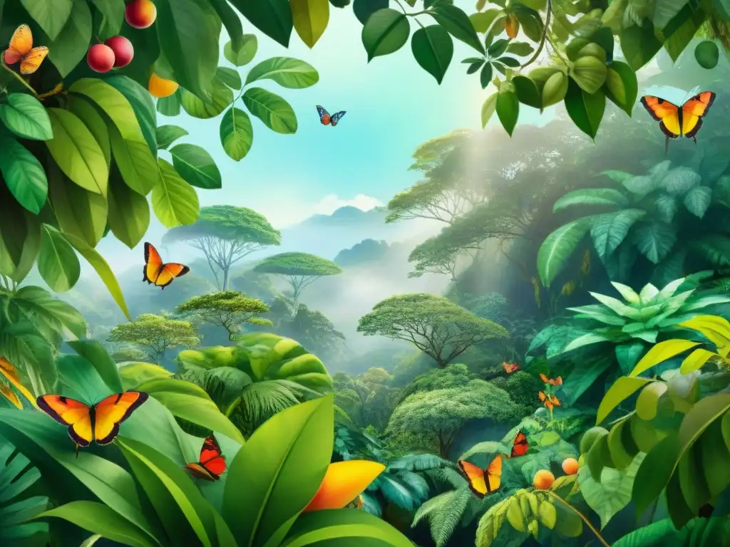 Un exuberante bosque tropical con vida vegetal diversa, mariposas coloridas y frutos exóticos