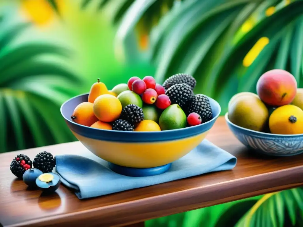 Bol de frutas tropicales: açaí, papaya, guayaba y maracuyá Exuberante cuenco de frutas brasileñas saludables en acuarela: açaí, papaya, guayaba y maracuyá, con fondo tropical