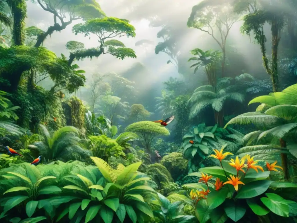 Un exuberante y detallado bosque tropical en acuarela, con diversidad de especies vegetales y animales conviviendo armoniosamente