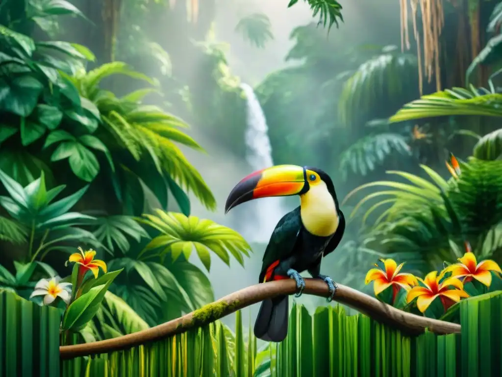 Un exuberante y diverso escenario de selva tropical ilustrado en acuarela, con flora vibrante y animales en armonía