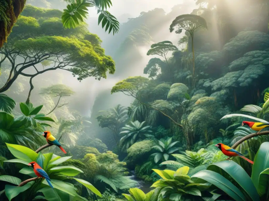 Exuberante selva tropical: detalle acuarela Un exuberante escenario de selva tropical con aves coloridas y flores exóticas