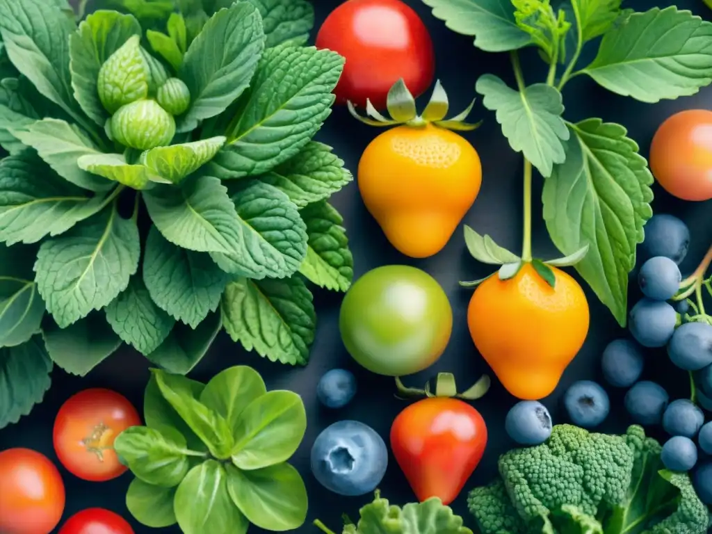 Jardín de frutas y verduras: una ilustración acuarela vibrante y fresca Un jardín exuberante con frutas y verduras coloridas, como fresas, naranjas, kale y tomates, bañados por el sol