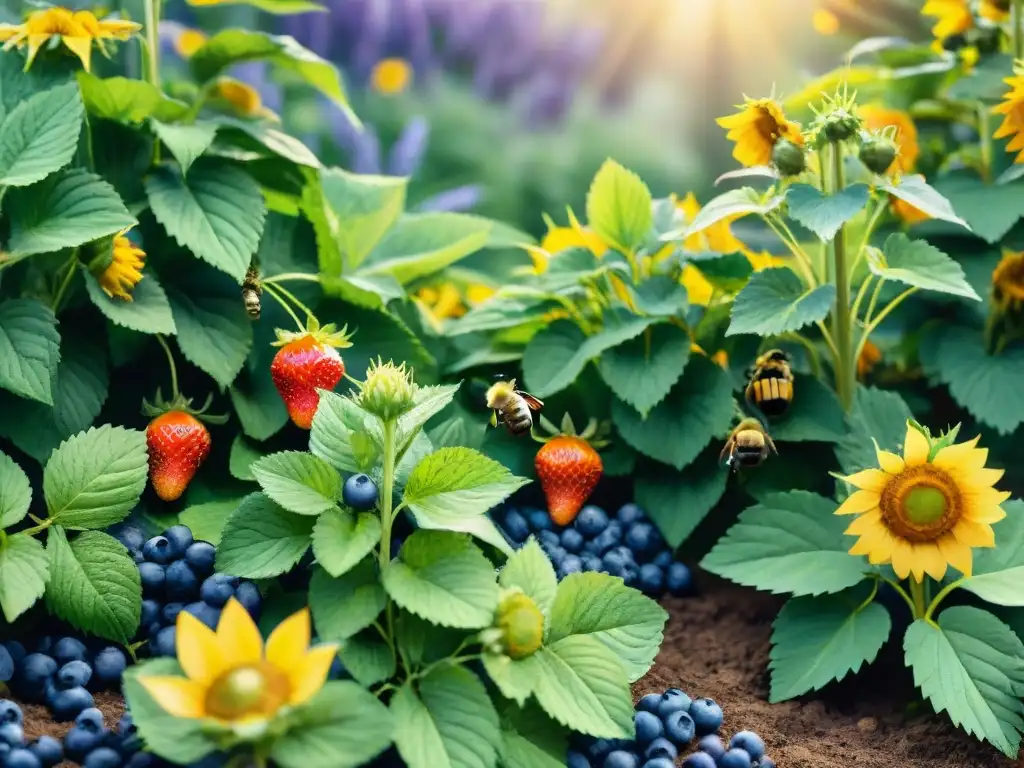Un jardín exuberante con frutas vibrantes y flores, abejas zumban en esta escena colorida