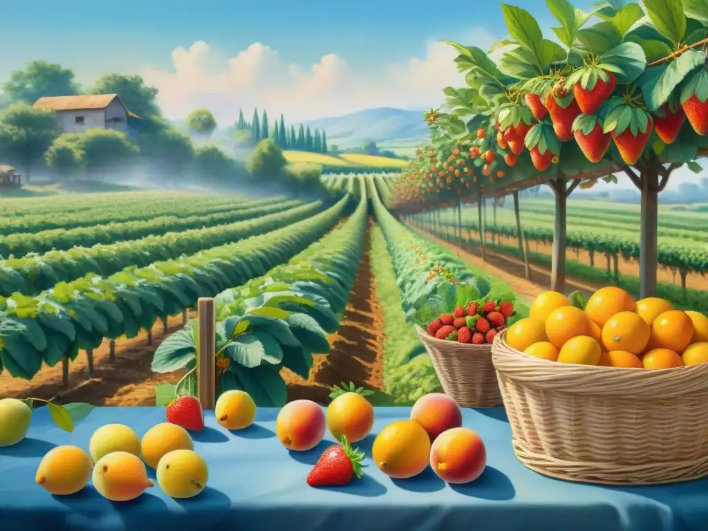 Pintura detallada: recolección de frutas orgánicas en un huerto vibrante Una exuberante pintura detallada en acuarela de un huerto lleno de frutas orgánicas, con granjeros seleccionándolas con cuidado