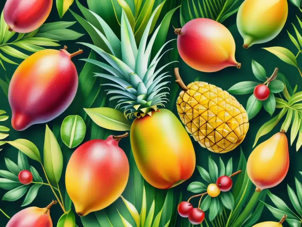 Bodegón tropical de frutas exóticas en acuarela Una exuberante pintura acuarela de frutas tropicales brillantes contra un fondo de hojas de palma y flores, evocando un paraíso tropical