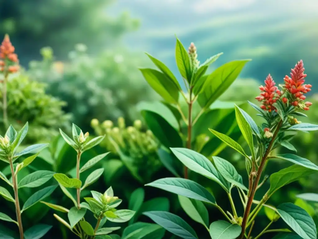 Jardín botánico vibrante con plantas adaptogénicas en acuarela Un exuberante jardín botánico con plantas adaptógenas como ashwagandha y albahaca santa